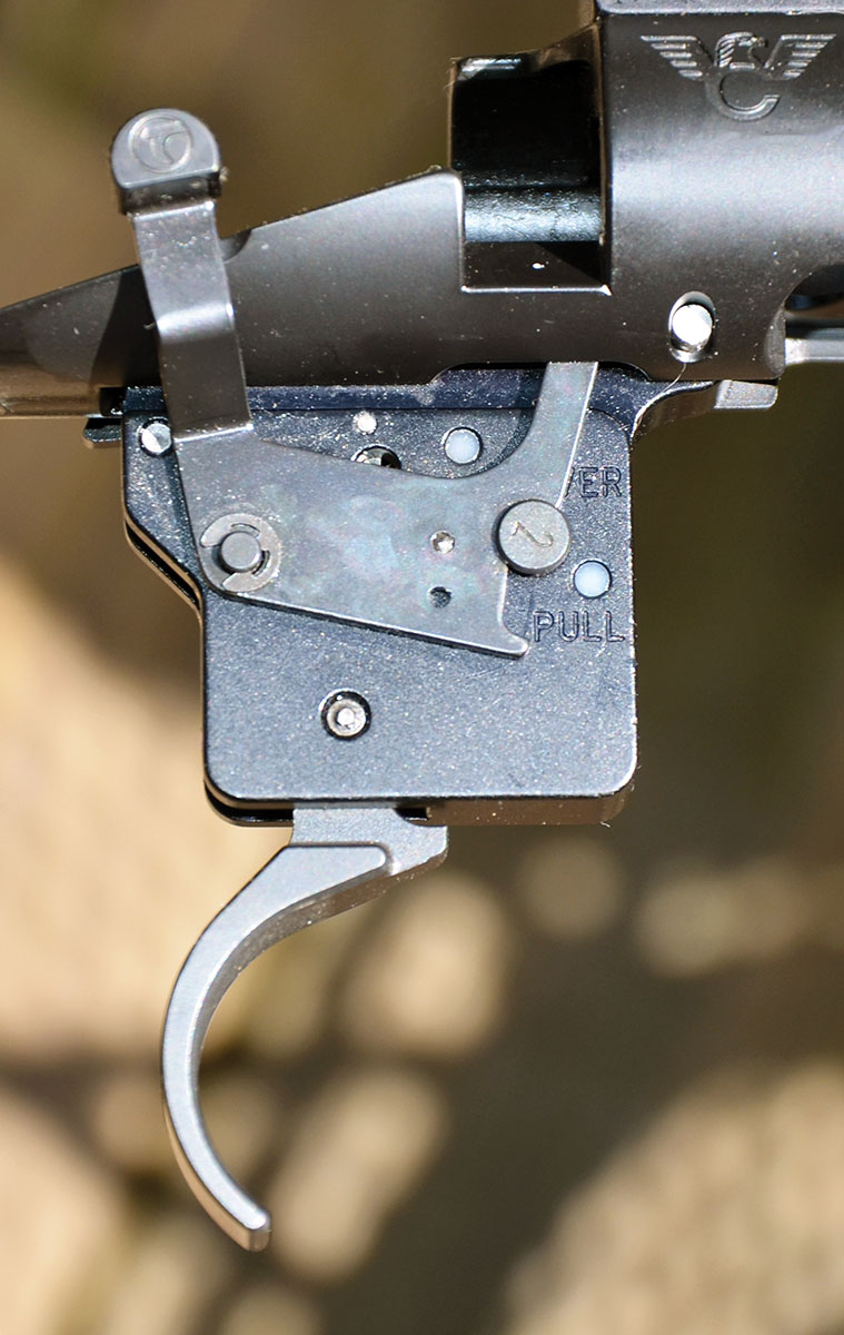 The .385-inch wide finger lever on the Timney Elite Hunter trigger made it feel considerably lighter than the 3.25 pounds indicated by a Lyman digital gauge. It has an adjustment range of two to four pounds. Moving the two-position safety lever to its engaged position blocks bolt rotation.